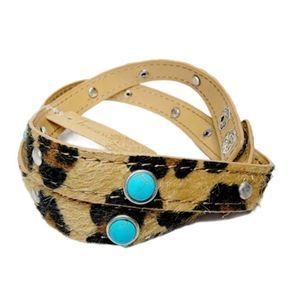 Leopard Print Double Wrap Faux Fur Bracelet Turquoise Silver Stud Snap Closure